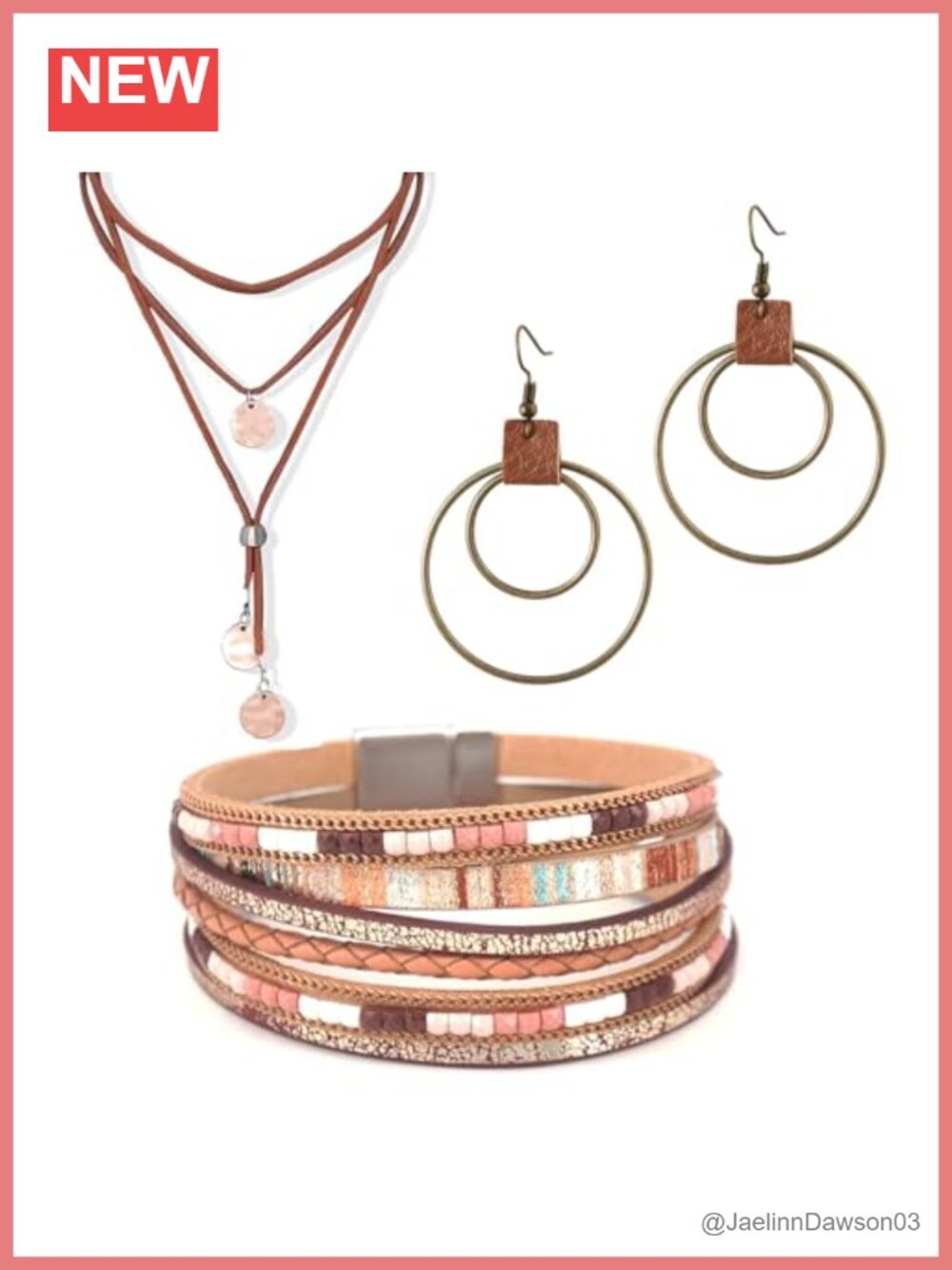 3-Piece Boho Western Jewelry Set Necklace Earrings Faux Leather Bracelet